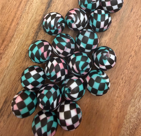 Retro Checkered- Print Silicone Bead 15mm