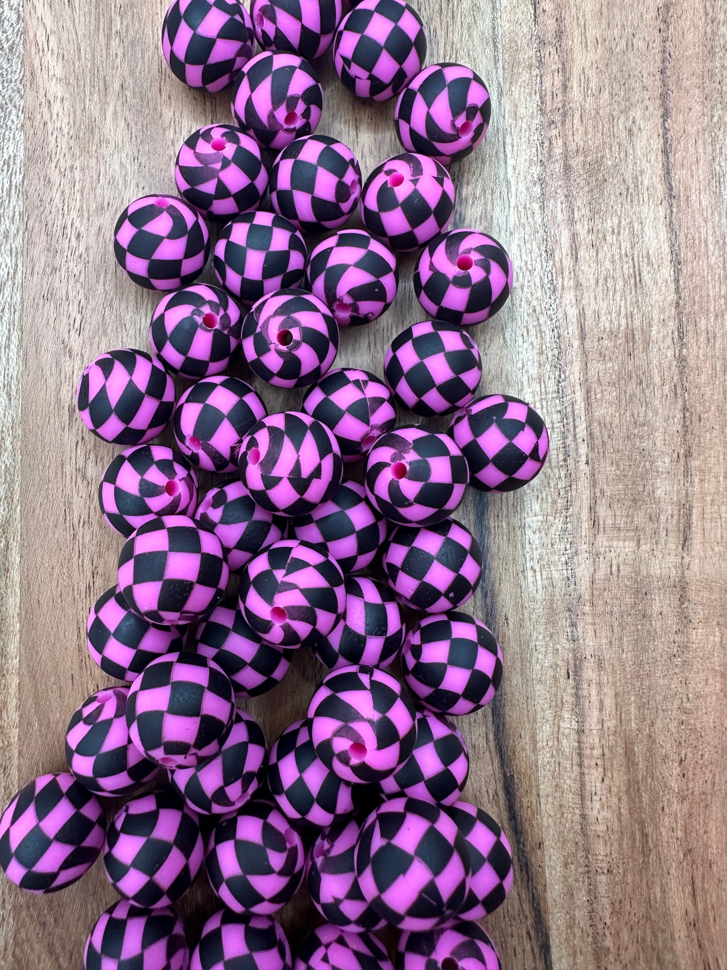 Hot Pink Checkered- Print Silicone Bead 15mm