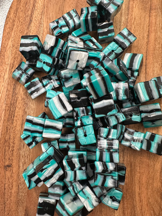 Turquoise & Black Swirl Cubes- 15mm Beads