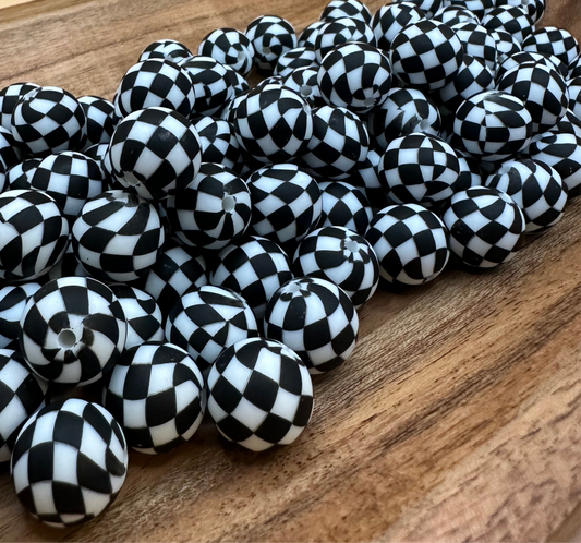 Black Checkered- Print Silicone Bead 15mm