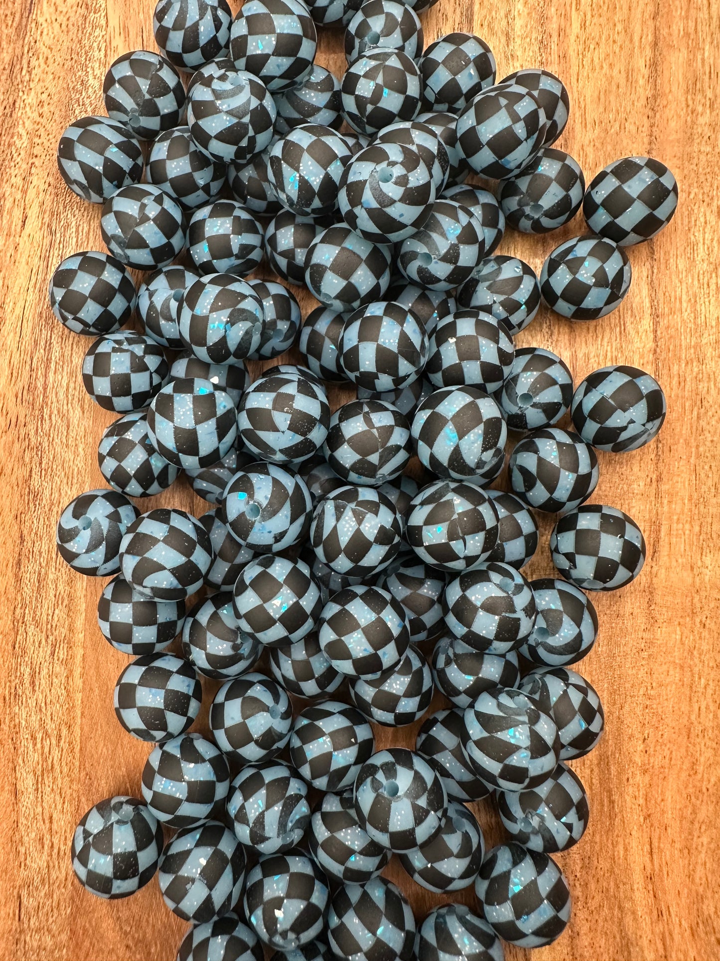 Blue Glitter Checkered- Print Silicone Bead 15mm