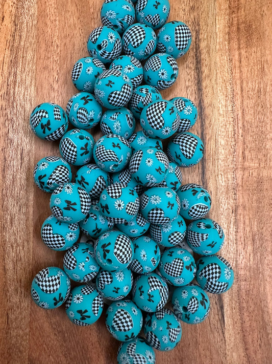 Turquoise Checkered Bow Print 15mm- EXCLUSIVE TO PBK- Silicone Focal Bead