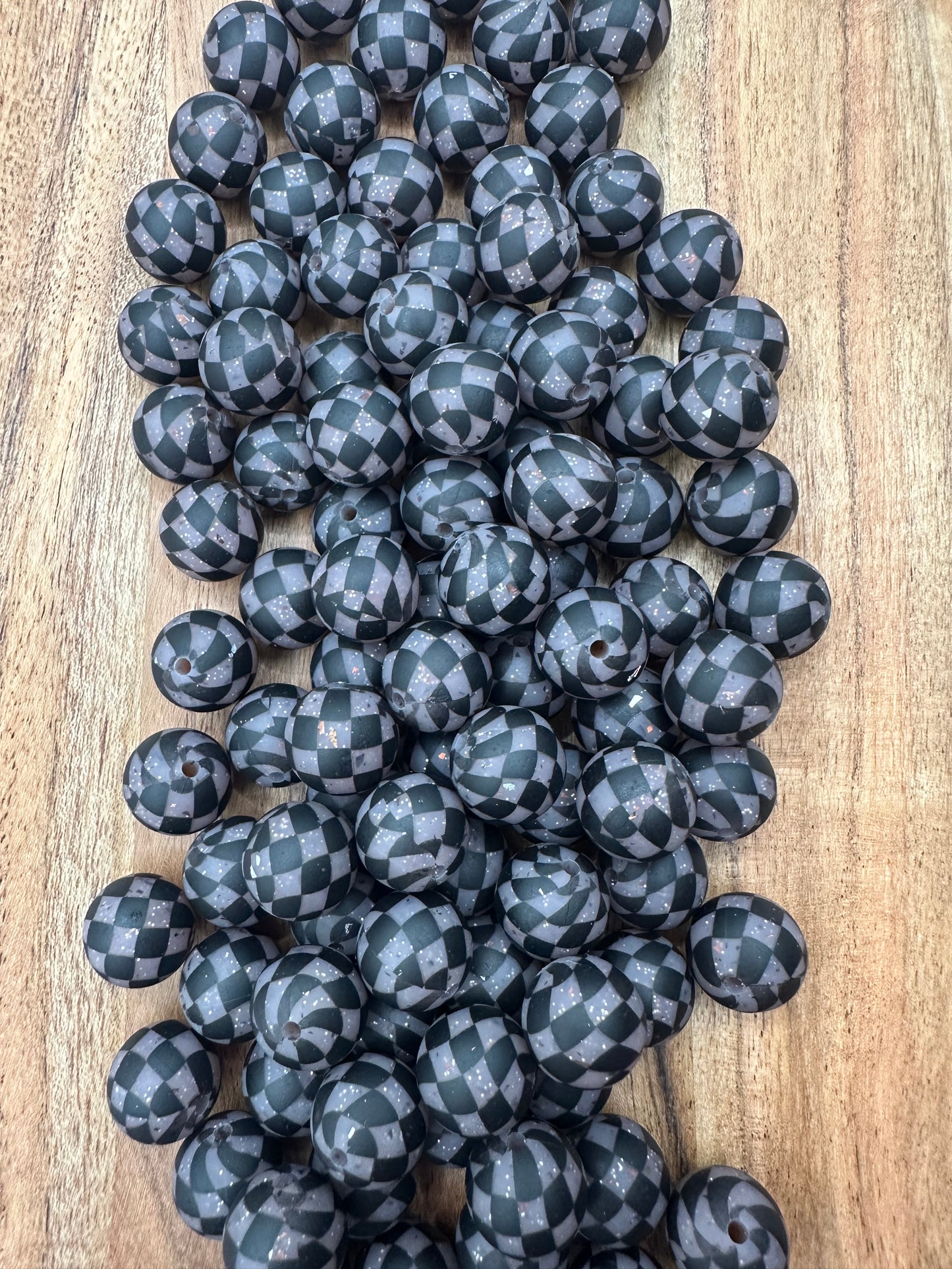 Brown Glitter Checkered- Print Silicone Bead 15mm