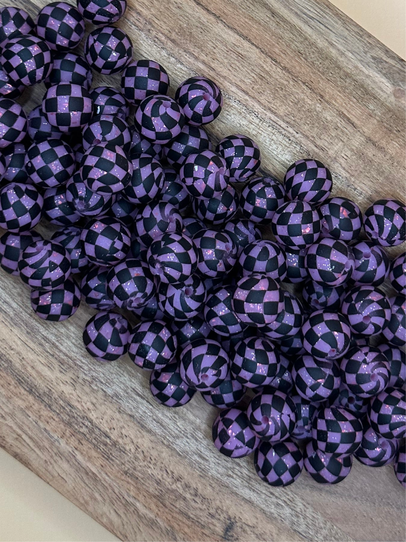 Pink Glitter Checkered- Print Silicone Bead 15mm