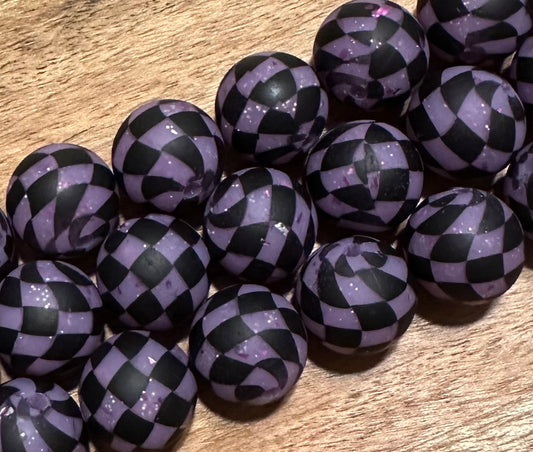 Purple Glitter Checkered- Print Silicone Bead 15mm