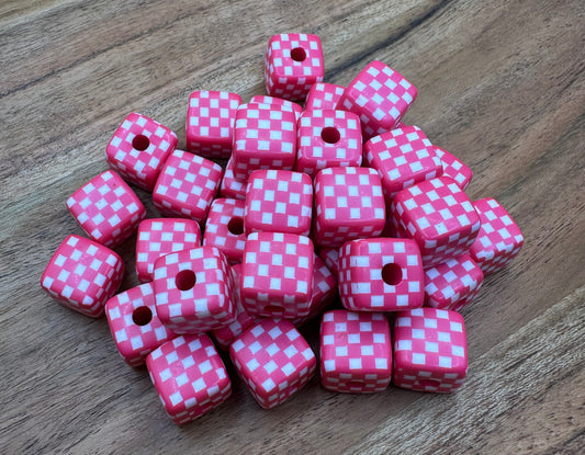 Hot Pink Acrylic Checkered Cubes- Speciality Beads