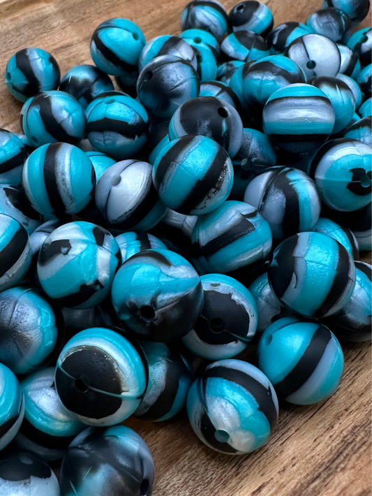 Black & Turquoise Swirl- Silicone Bead 15mm