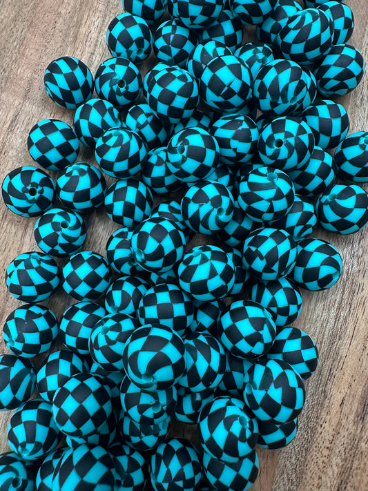 Turquoise Checkered- Print Silicone Bead 15mm