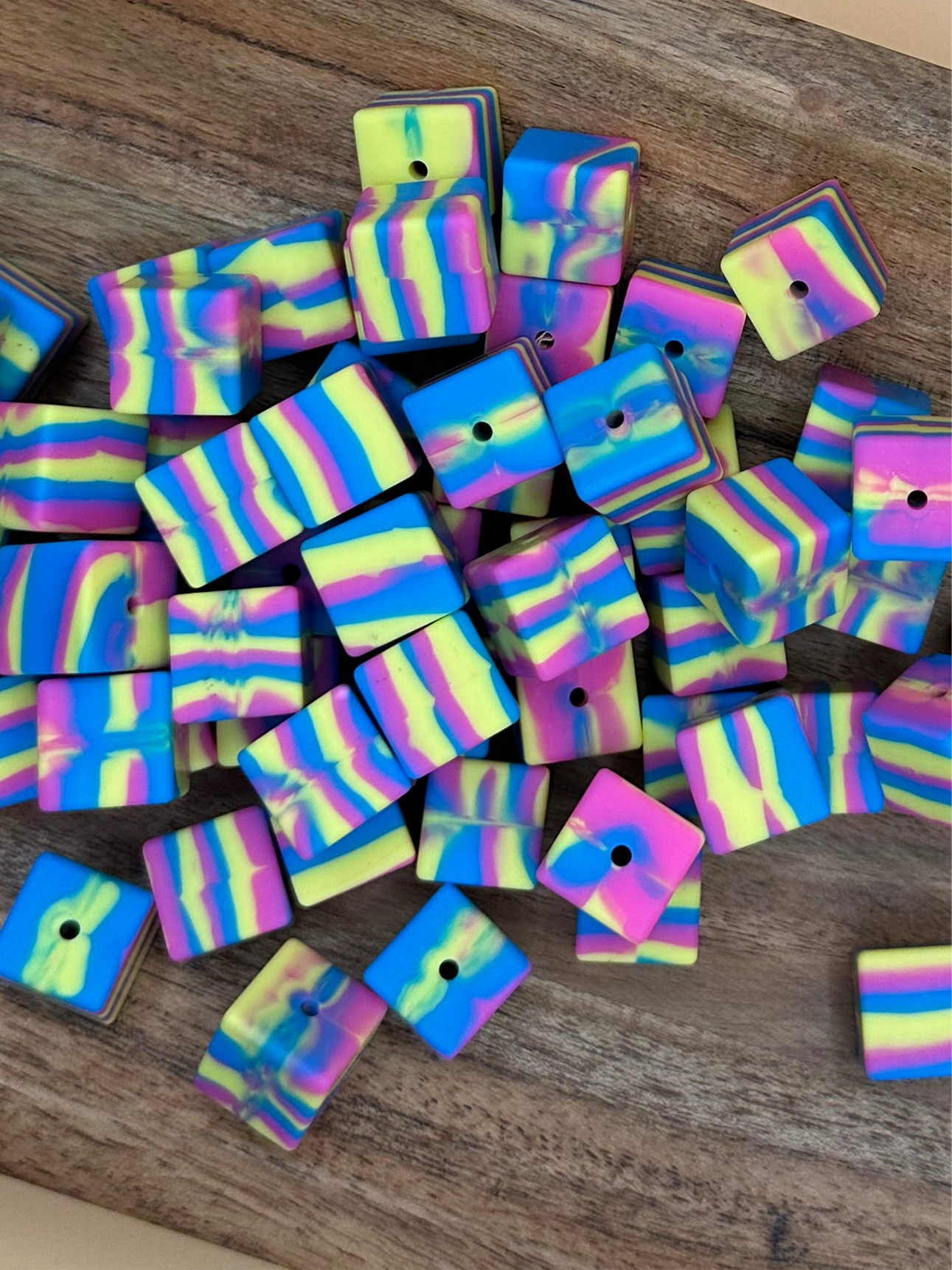 Blue/Pink/Yellow Swirl Cubes- 15mm Beads