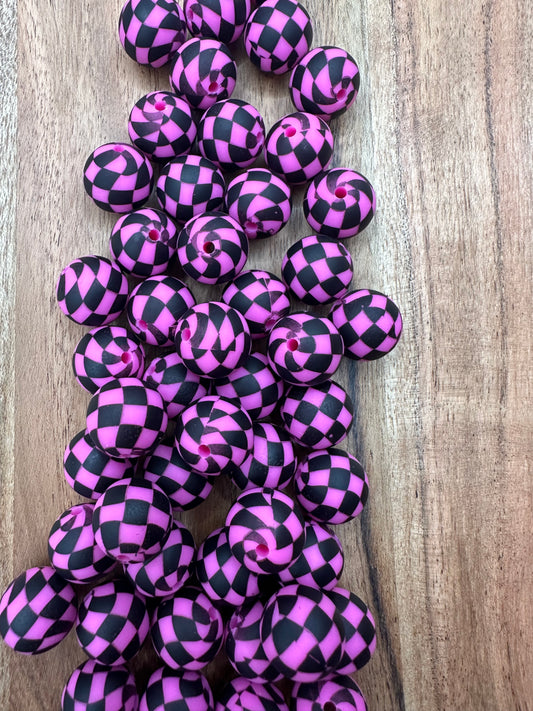 Hot Pink Checkered- Print Silicone Bead 15mm
