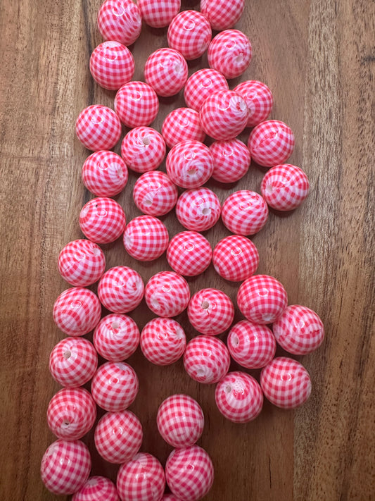 Pink Plaid Print-  Silicone Bead 15mm