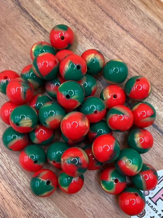 Red, Green, and Gold Swirl Liquid- Silicone Bead 15mm