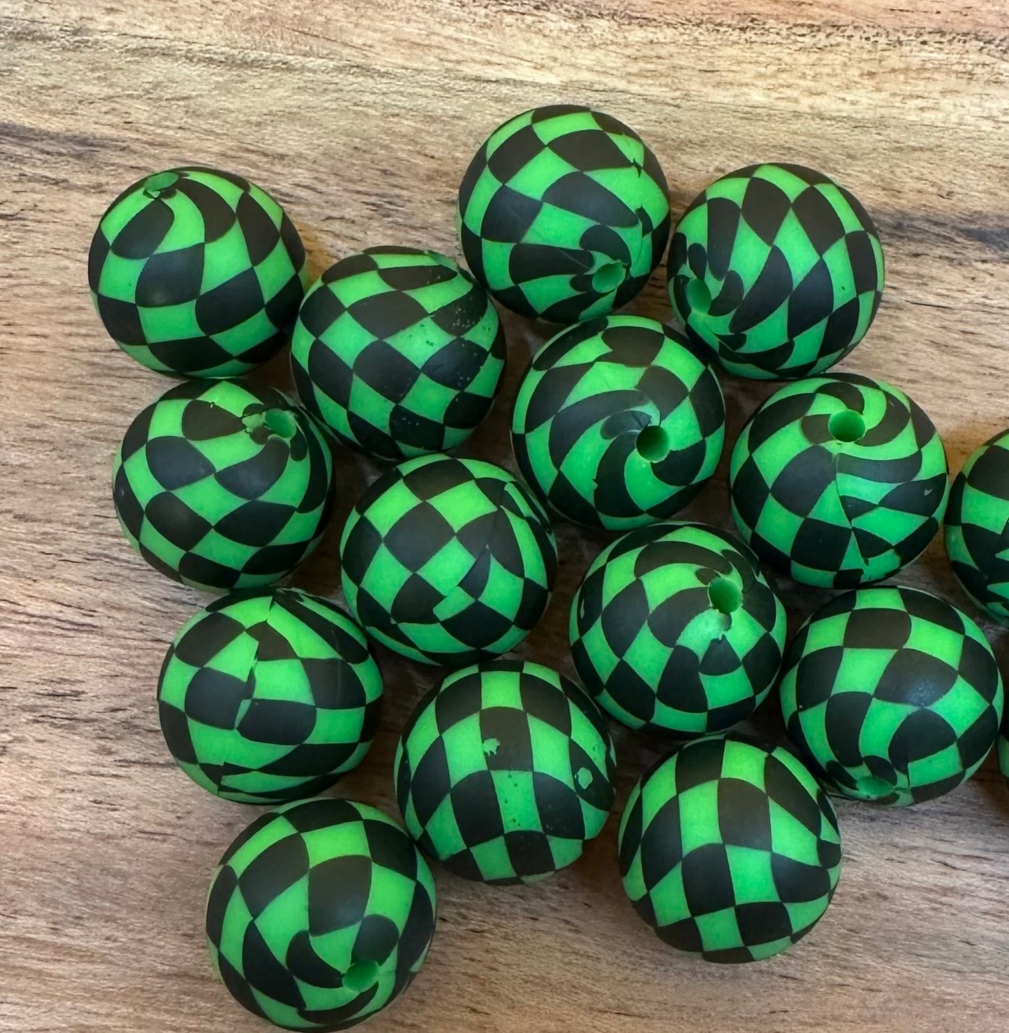 Neon Green Checkered- Print Silicone Bead 15mm