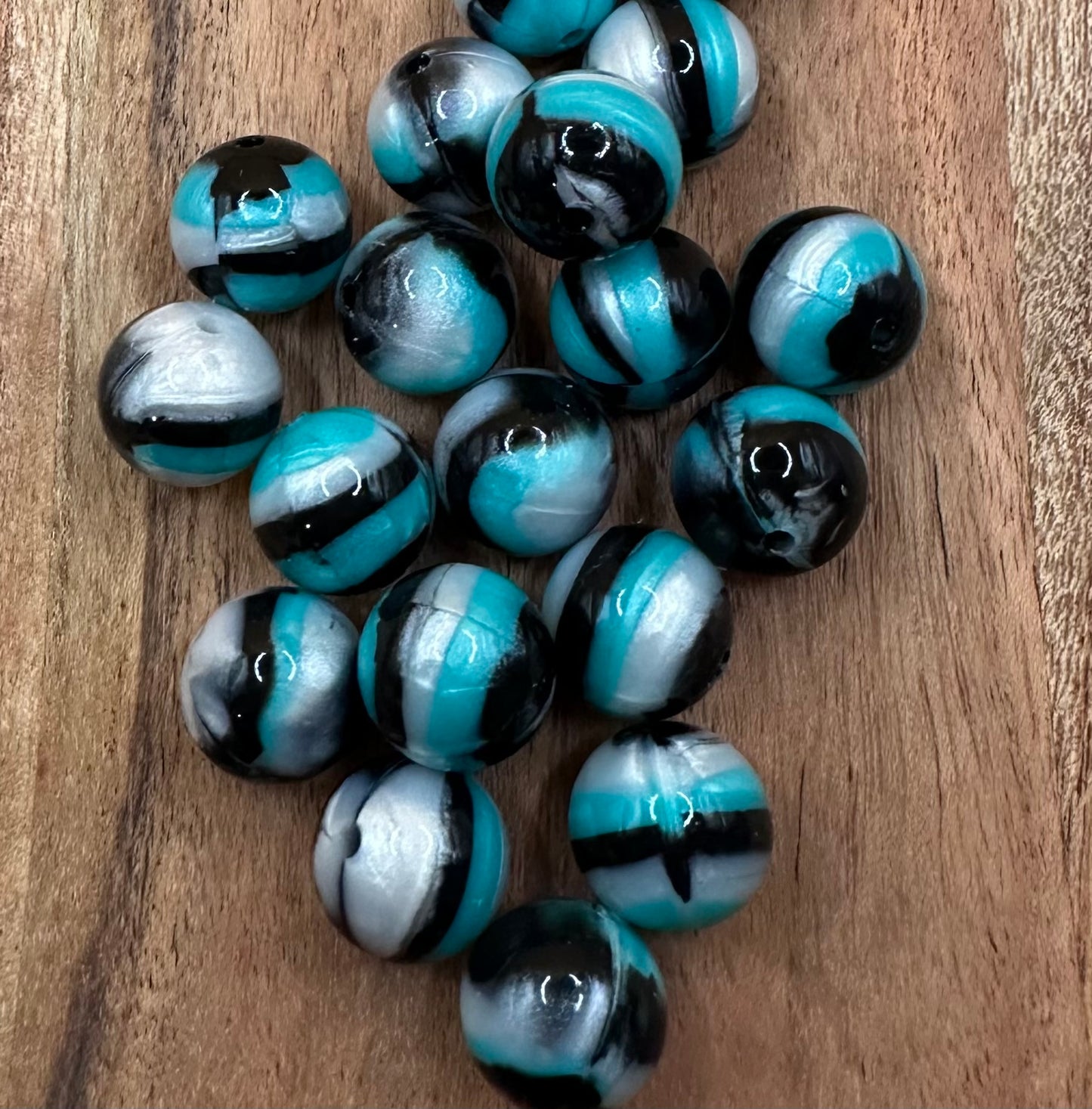 Black & Turquoise Swirl- Liquid Silicone Bead 15mm