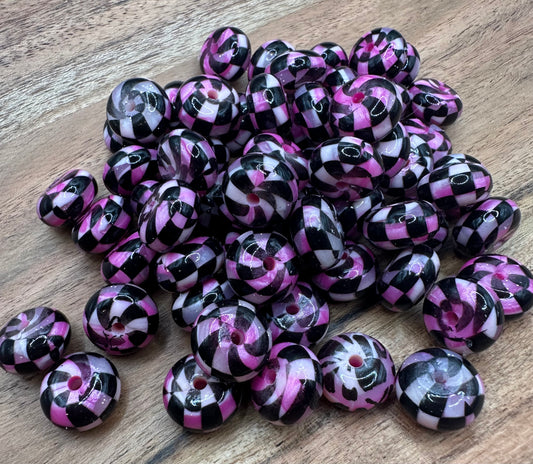 Pink Swirl Checkered Liquid- Silicone Bead Abacus 14mm