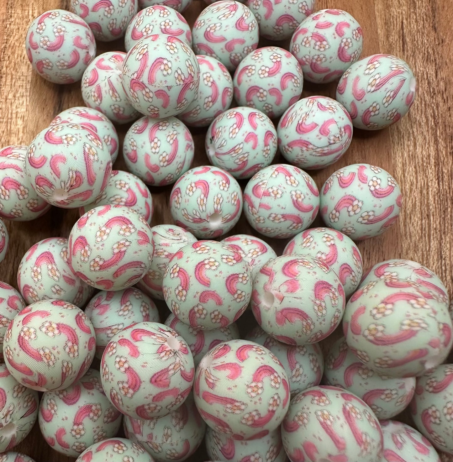 Rainbow Flowers Print -  Silicone Bead 15mm