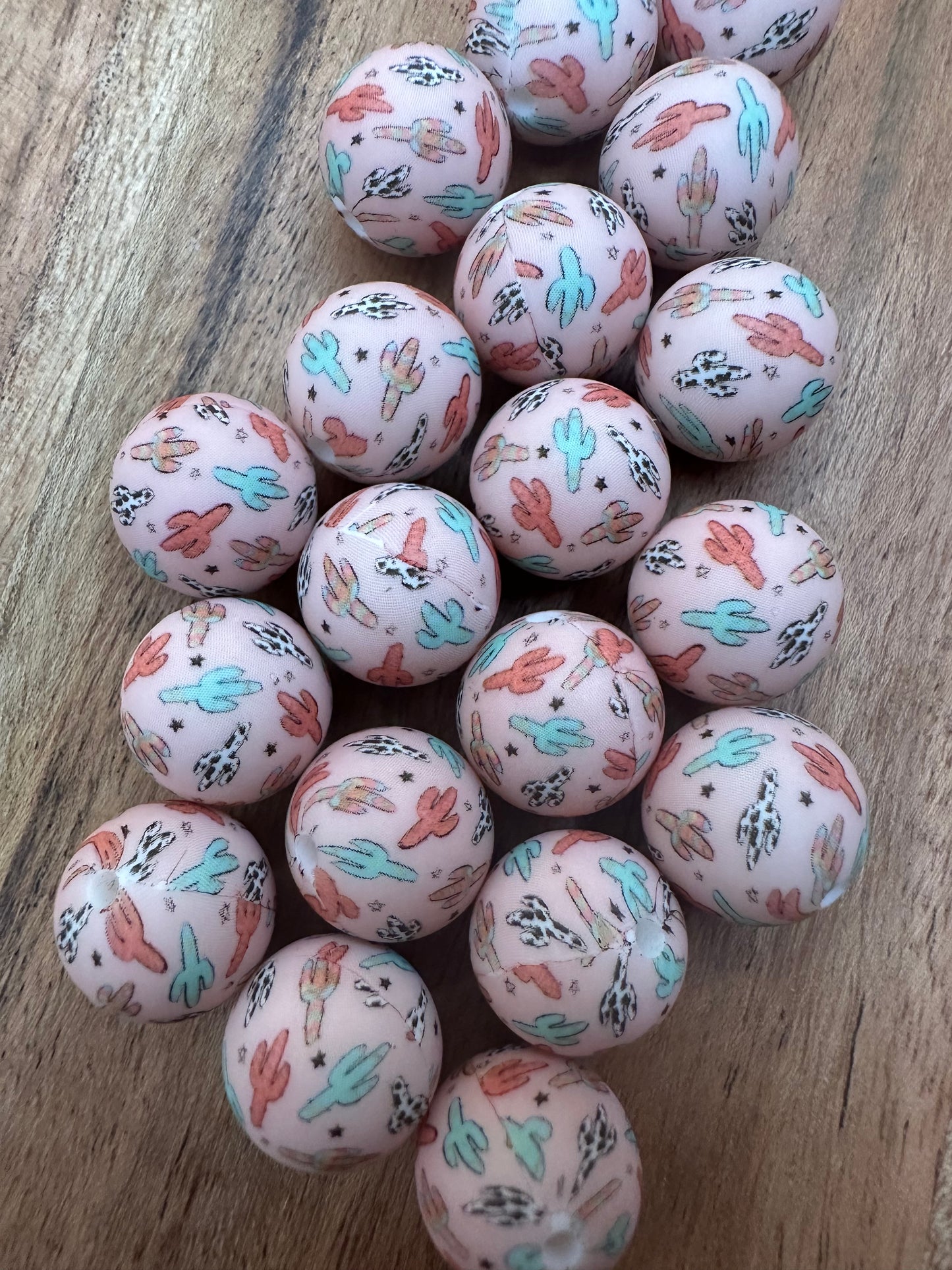 Western Cactus Print -  Silicone Bead 15mm