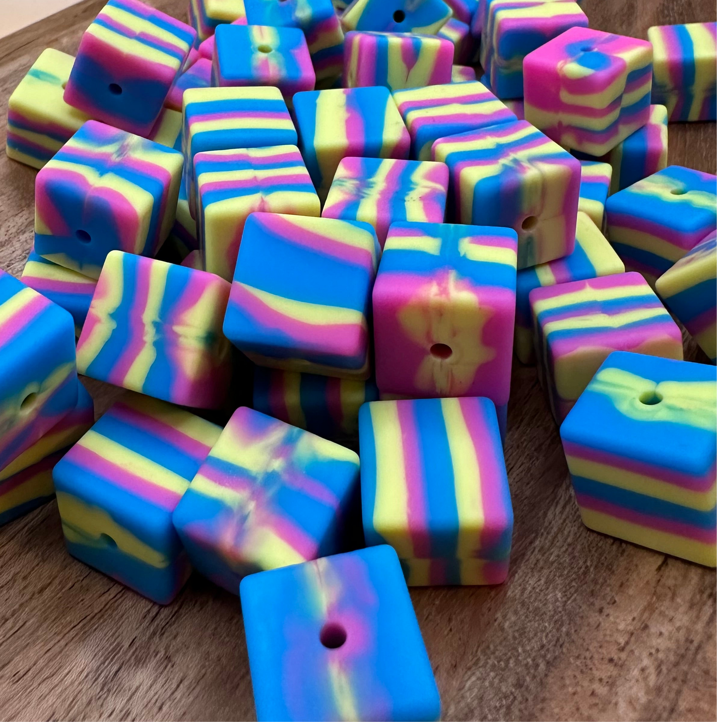 Blue/Pink/Yellow Swirl Cubes- 15mm Beads