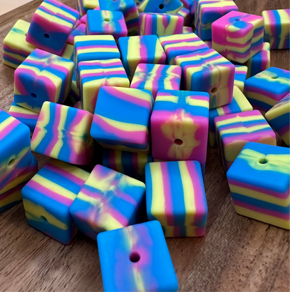 Blue/Pink/Yellow Swirl Cubes- 15mm Beads