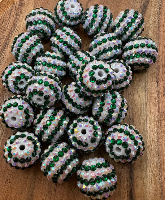 White & Green Stripes- Rhinestone Acrylic 20mm