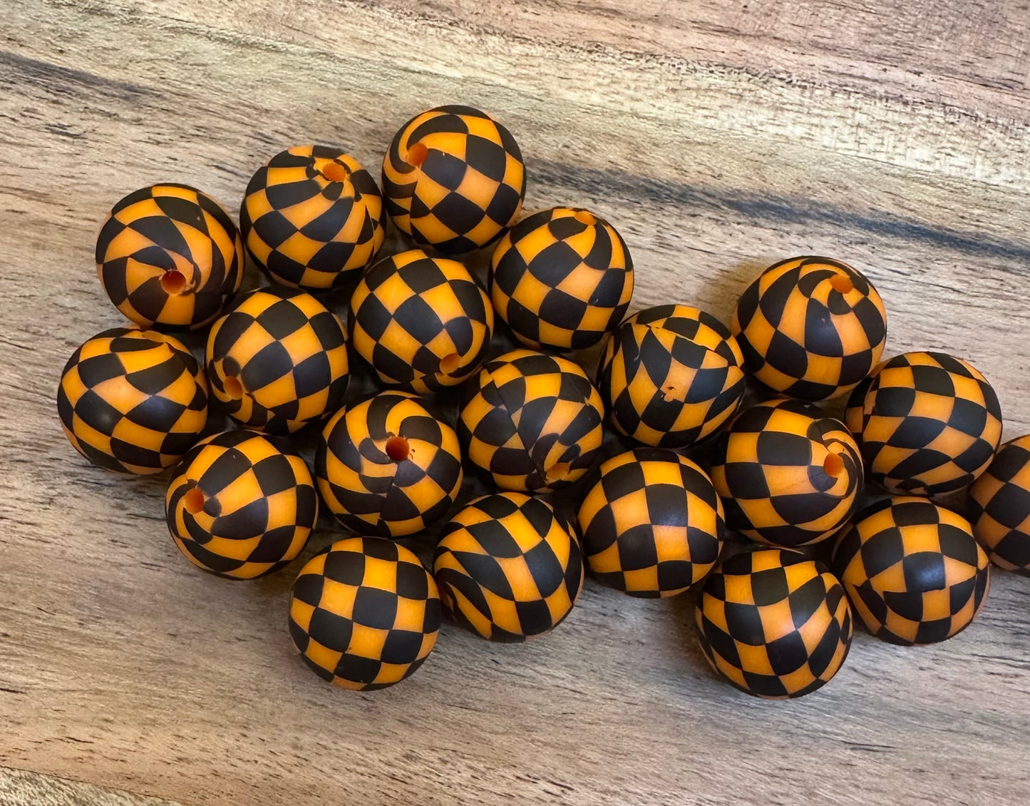 Orange Checkered- Print Silicone Bead 15mm