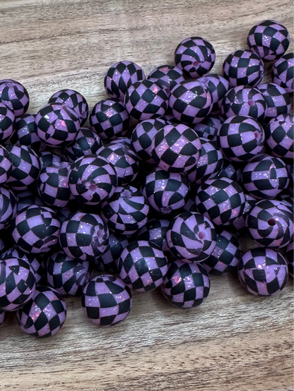 Pink Glitter Checkered- Print Silicone Bead 15mm