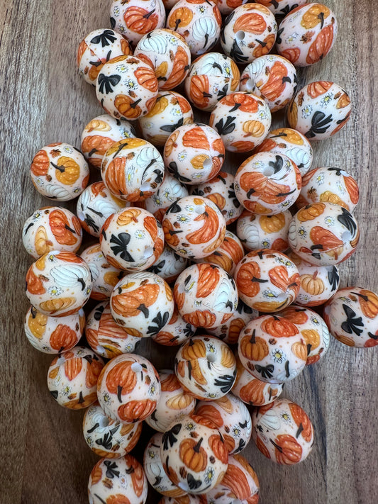 Pumpkins & Bows Print-  Silicone Bead 15mm