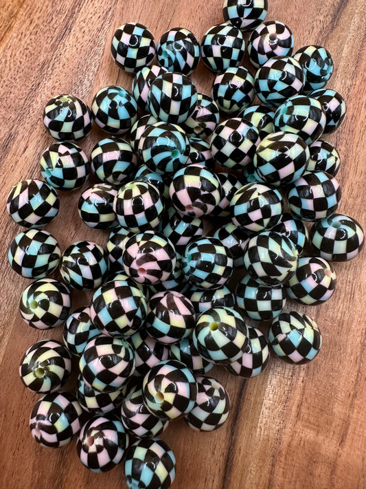 Cotton Candy Swirl Liquid Checkered- Silicone Bead 15mm