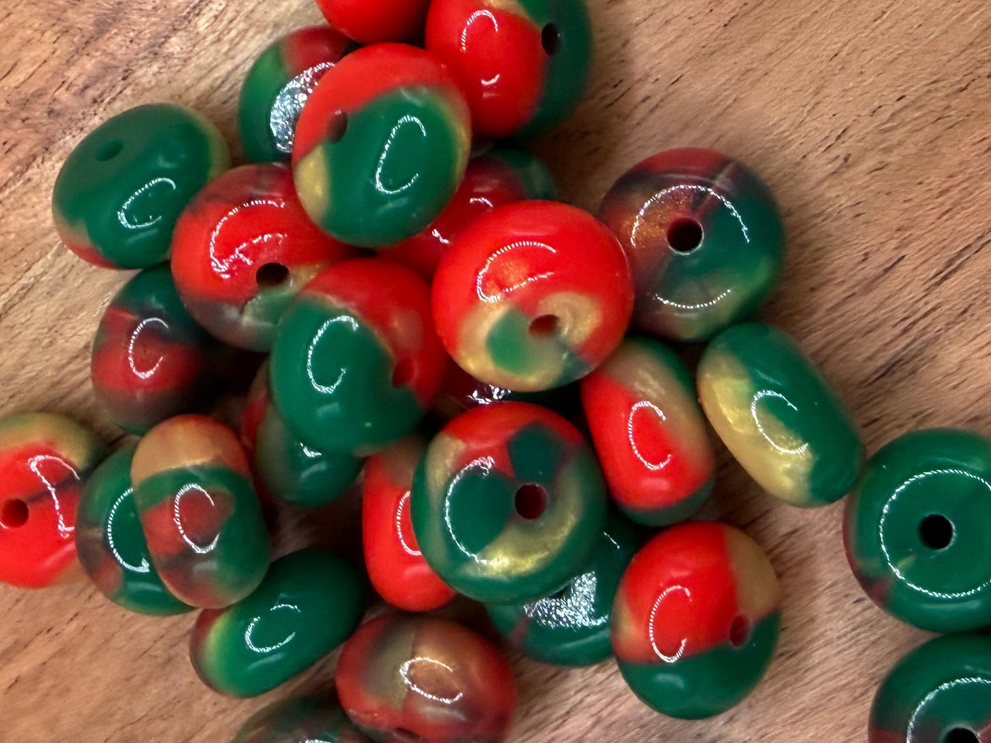 Red, green, and gold swirl - Silicone Bead Abacus 14mm