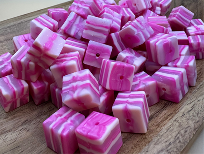 Pink Swirl Cubes- 15mm Beads
