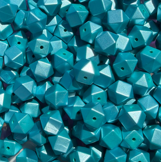 Icy Teal Shimmer-  Hexagon Silicone Bead 15mm