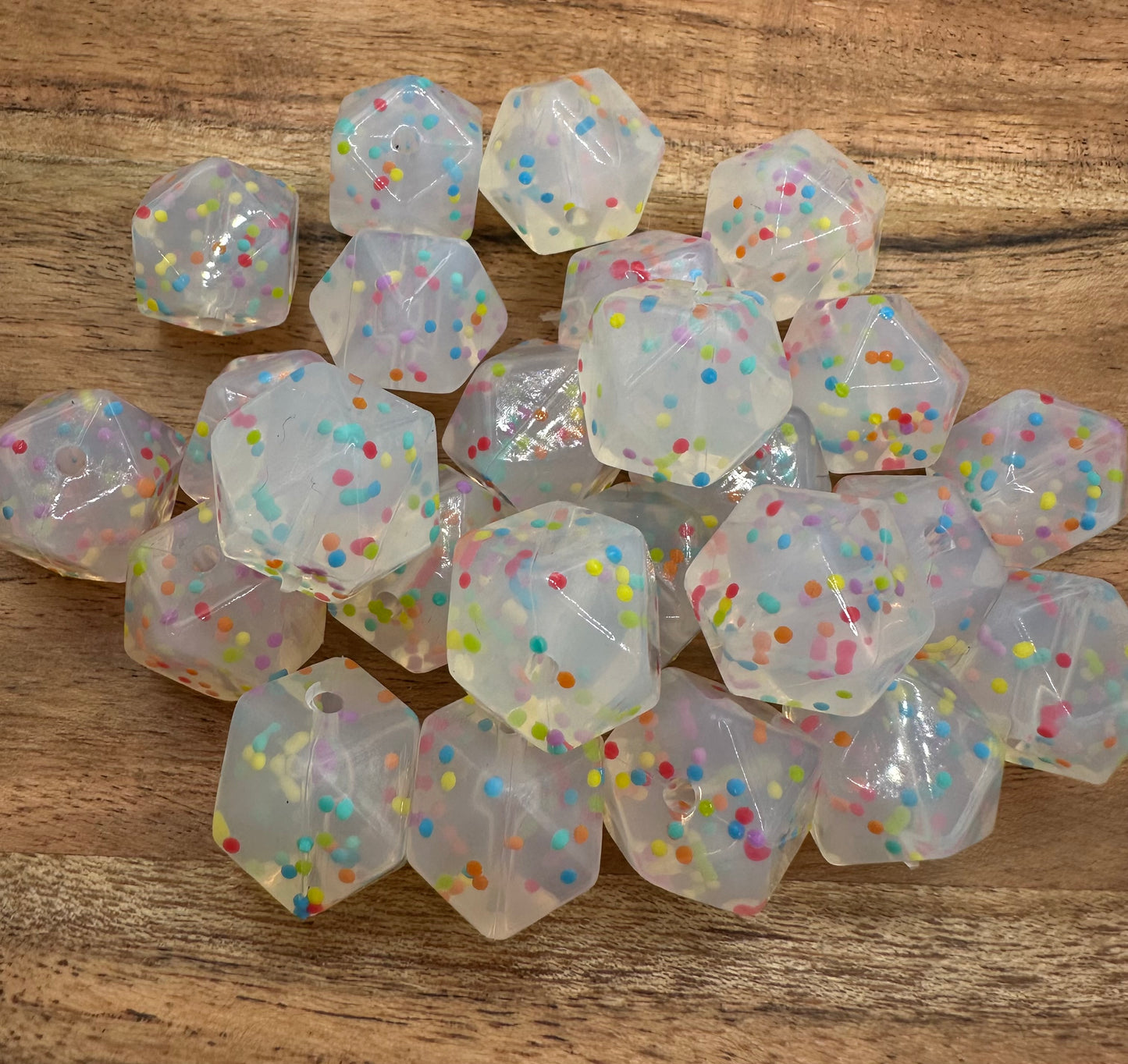 Clear Rainbow Confetti-  Hexagon Silicone Bead 15mm