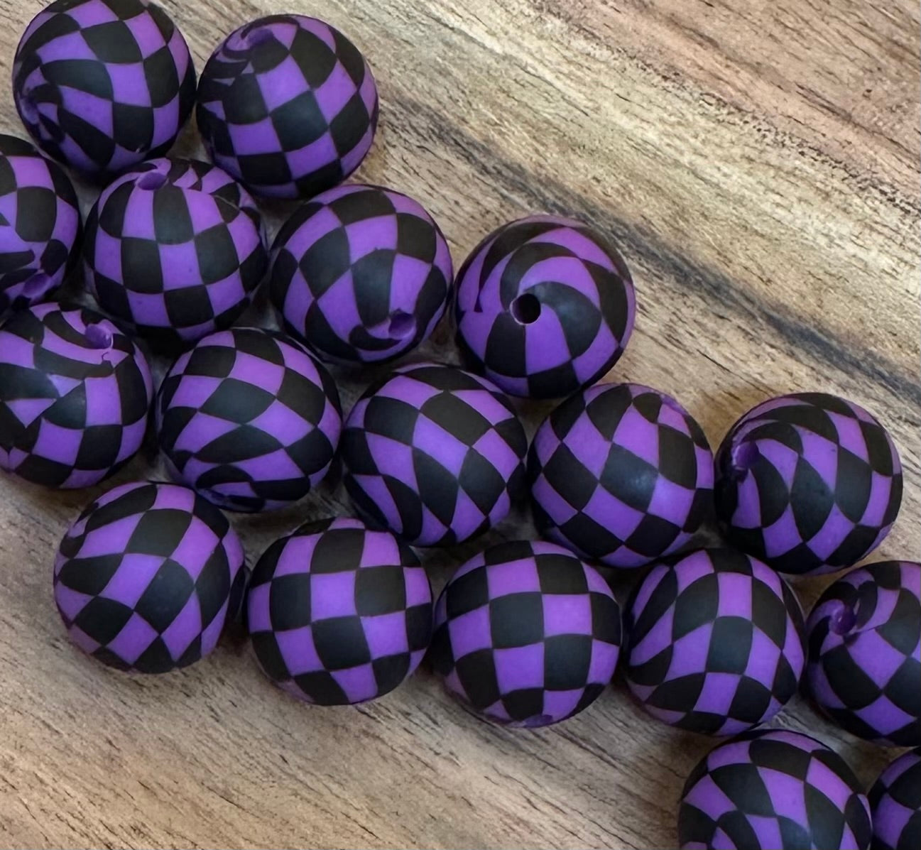 Purple Checkered- Print Silicone Bead 15mm